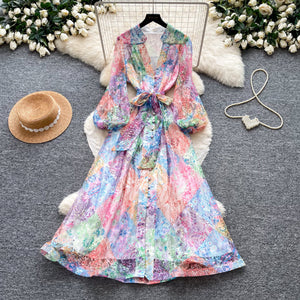 French court style printed dress - women's long sleeve tie-waist a-line dress - commute-friendly, high-end, vacation-ready maxi dress