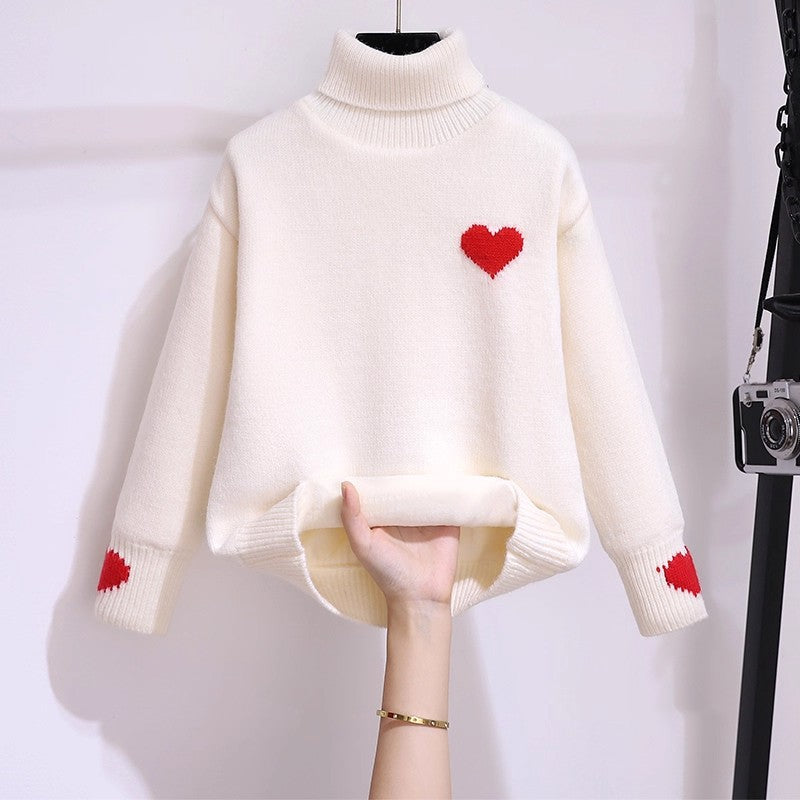 Girlsweater high collar fleece-lined winter kids heart woolentopsgirlwinterthickened bottomknitting shirt