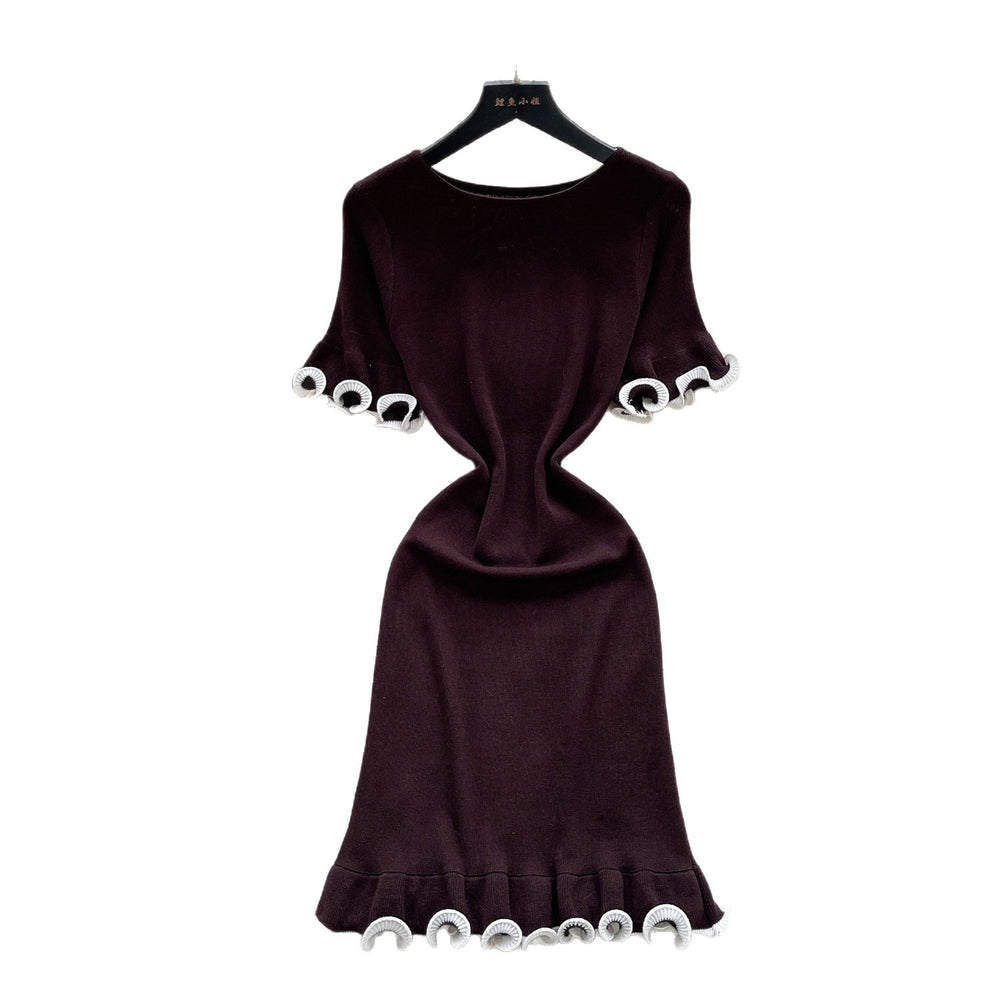 Xiaoxiangfengclassy contrast colorbows strappy long sleevesdress women's metal buckle waist slimming lookknitting short skirt