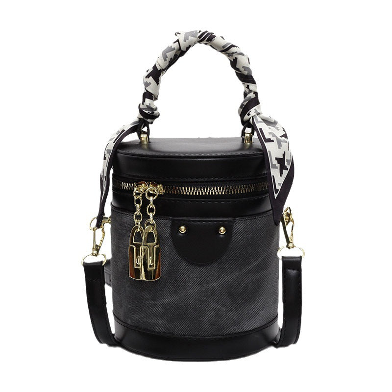 Retro contrasting color bucket bag women's 2025 new niche design portable cylinder bag versatile texture shoulder messenger bag