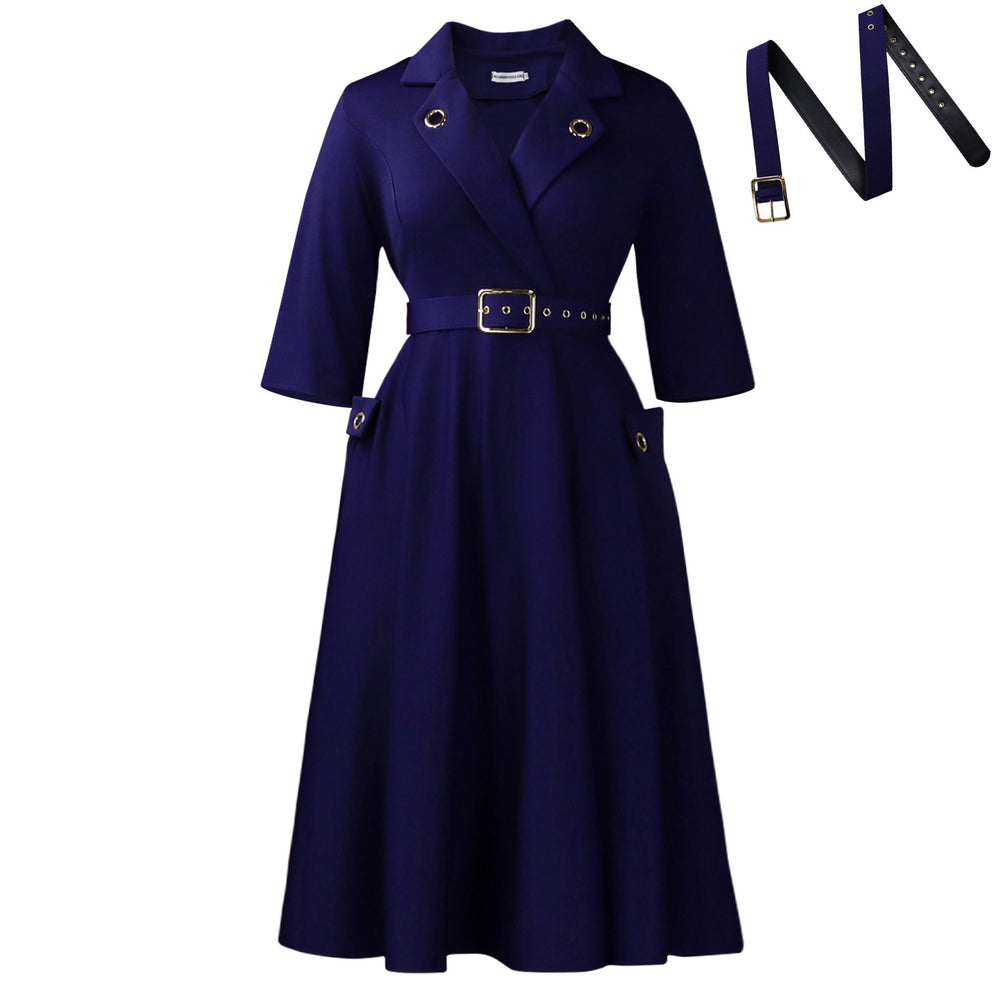 C8647 winter european and american sexy elegant turn-down collar waist-cinching suit dress, chic and stylish solid color plus size dress