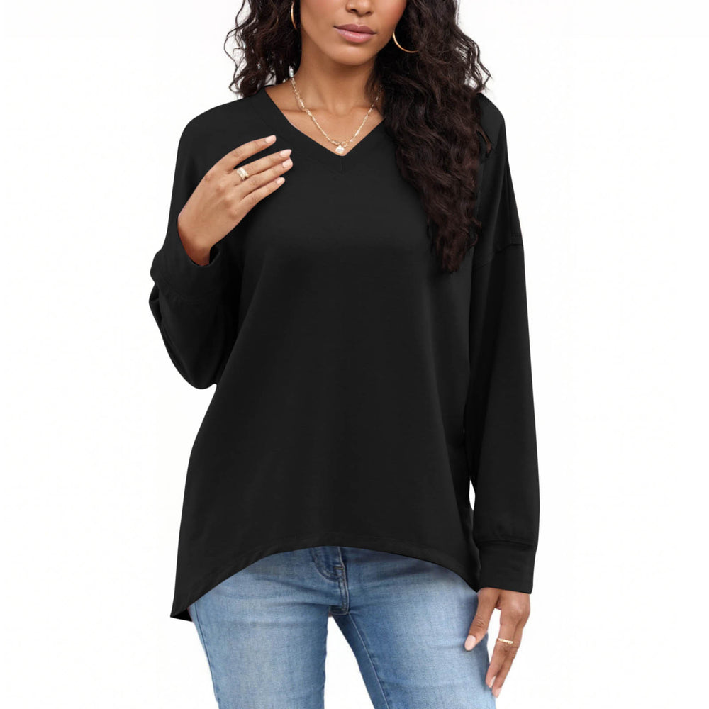 cross-border new women's fashion casual solid color v-neck long sleeve top hoodless sweatshirt