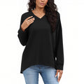 cross-border new women's fashion casual solid color v-neck long sleeve top hoodless sweatshirt