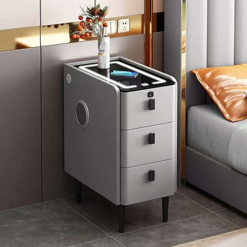 Ultra-narrow solid wood nightstand - modern minimalist, light luxury, multifunctional smart wireless charging bedside table for bedroom