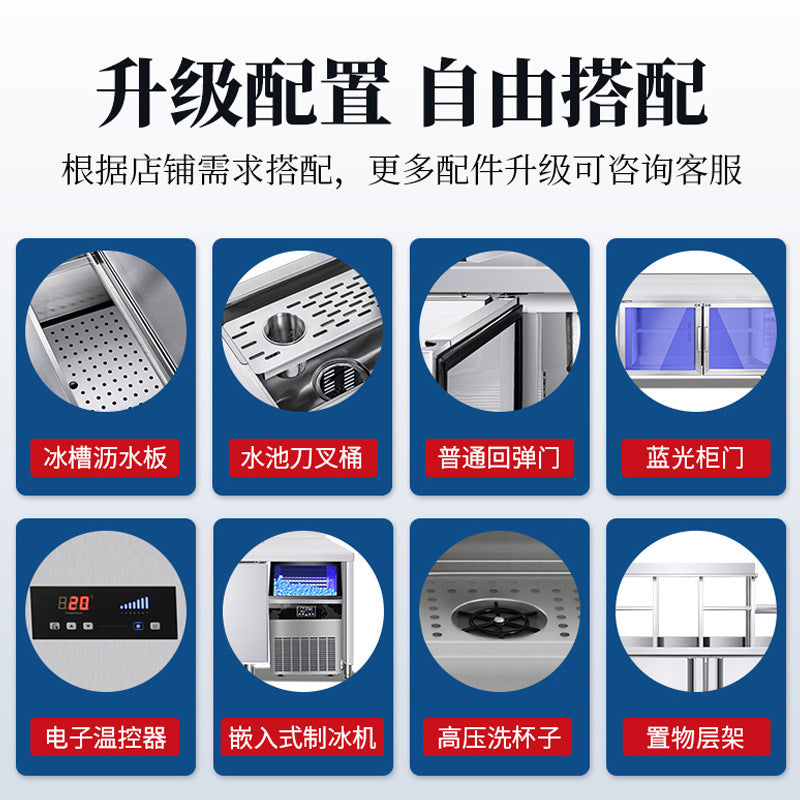 Commercial flat-top refrigerated work table 1.68m refrigerator freezer kitchen milk tea shop prep table