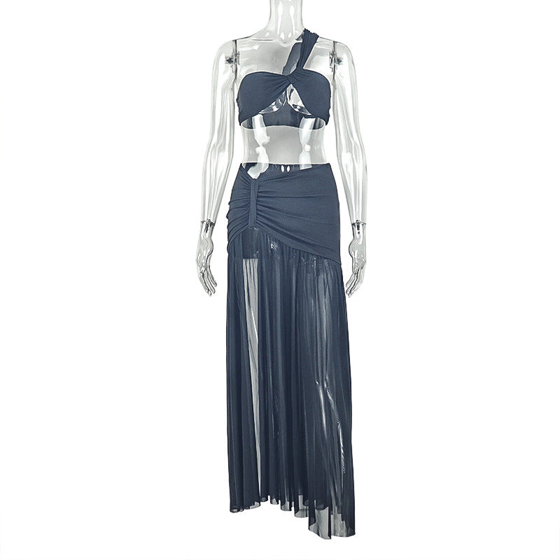 Fashion styleexportpure color vacation navel-baring design skirt suit slit hip-covering chest-wrapping one-shoulder two-piece set women's clothing trend