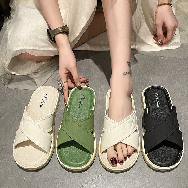 Women's summer slippers 2024 korean style casual trendy soft sole crossover strap fairy style beach one-strap lazy slippers