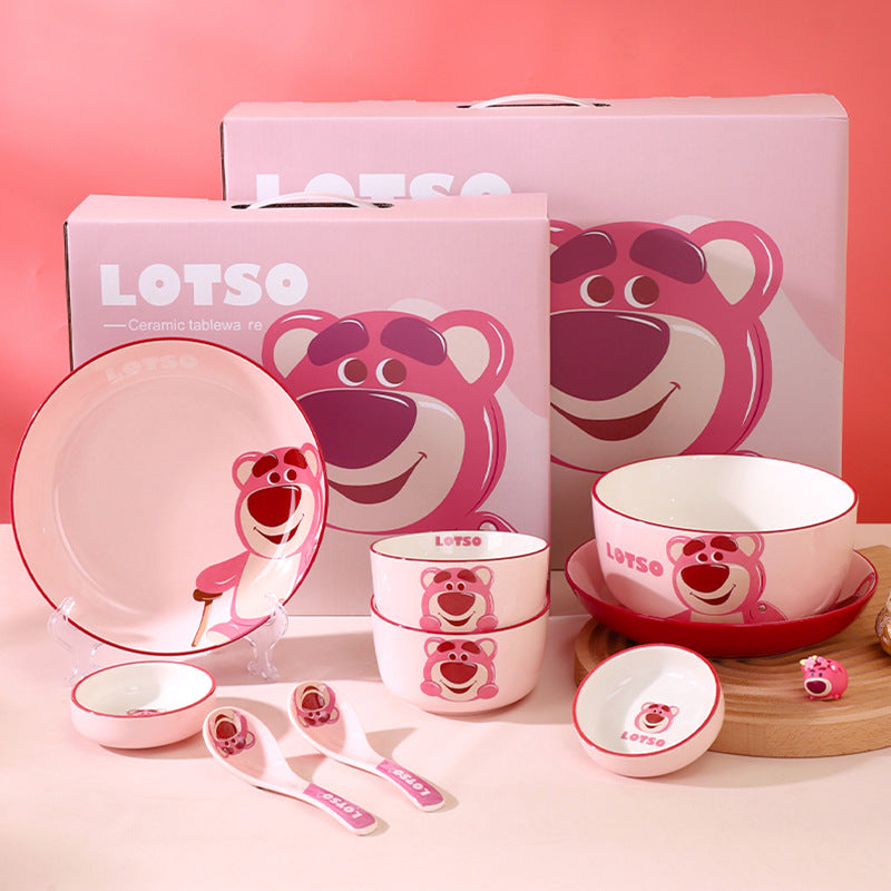 Cartoon Ceramic Bowl Premium Tableware Gift Box Gift High Value Bowl Plate Household Children's Rice Bowl Strawberry Bear Set