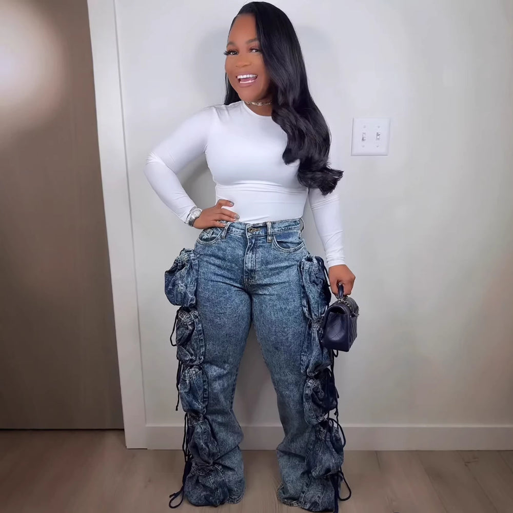European and american style women's denim cargo pants -  cross-border fashion, streetwear-inspired, multi-pocket design, straight-leg trousers