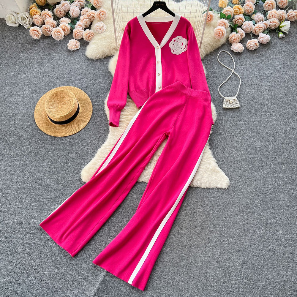 Elegant and chic knit set for women: autumn/winter loose-fit long sleeve shirt + high-waisted drape pants
