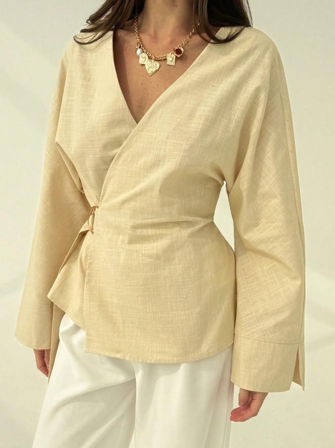 summer new arrival: solid color v-neck long sleeve tie-up top with elastic waist casual women's blouse for cross-border wholesale