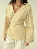 summer new arrival: solid color v-neck long sleeve tie-up top with elastic waist casual women's blouse for cross-border wholesale