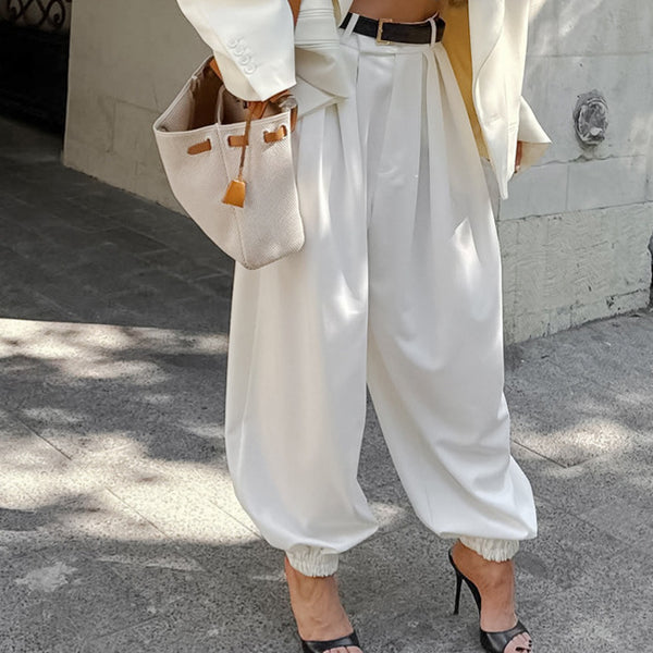 High Street simple temperament white high-waisted leggings women's  European and American commuting loose and versatile pleated casual trousers