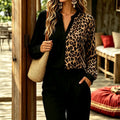 Black and brown leopard print color block plus size top - mandarin collar cardigan, long sleeve, patchwork, casual commute, loose fit women's shirt