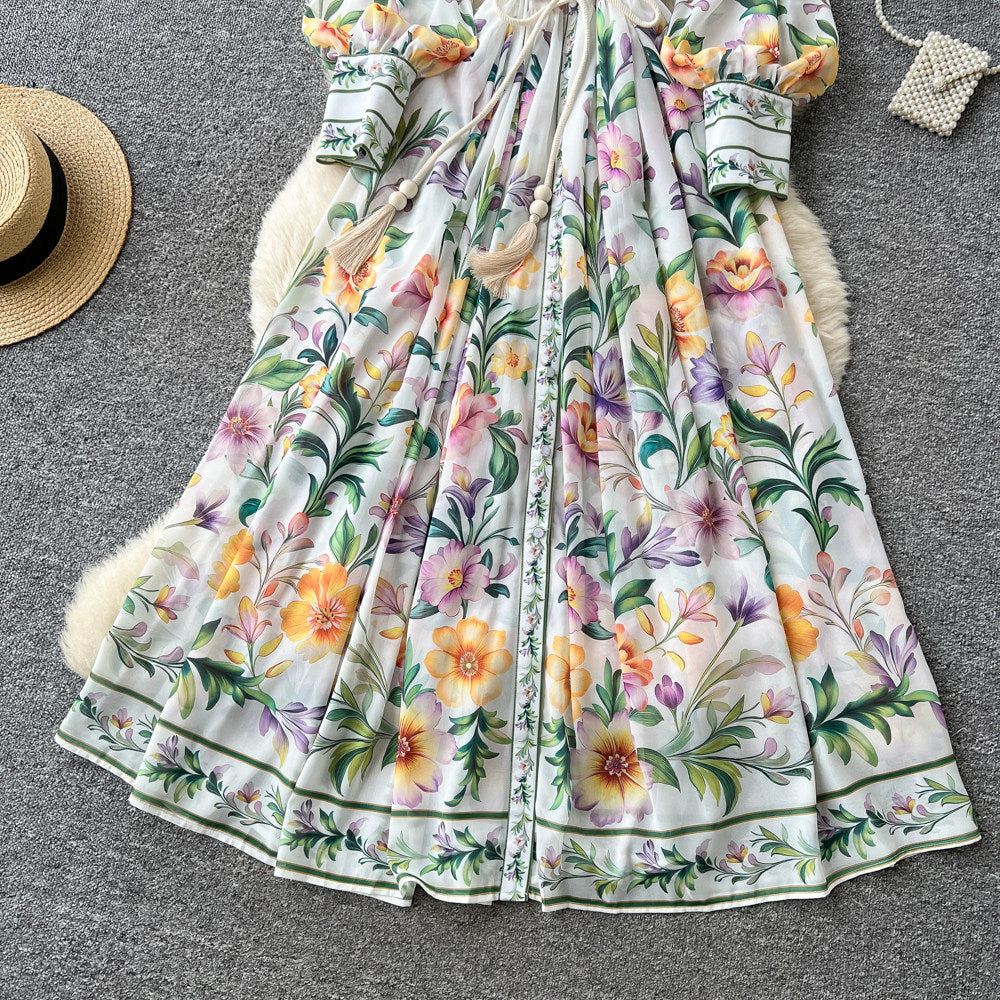 Frenchniche styleclassyprinting stand collar long sleeves waist a-line dress female summer lazy elegant long skirt