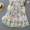 Frenchniche styleclassyprinting stand collar long sleeves waist a-line dress female summer lazy elegant long skirt