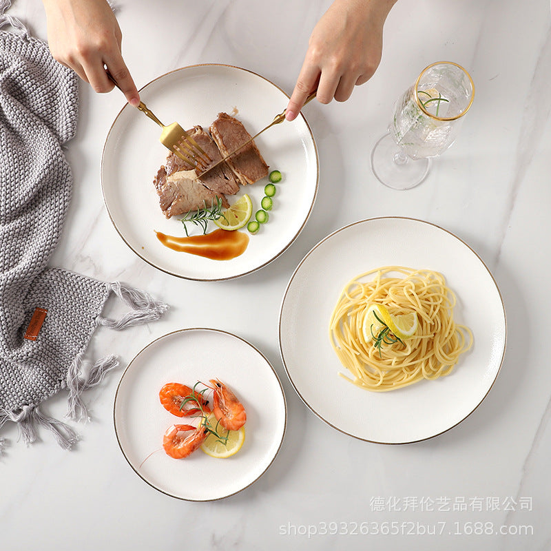Ceramic matte white western dinner plate, matte steak plate, wear-resistant pasta plate, gold-rimmed matte dinner plate - wholesale from manufacturer