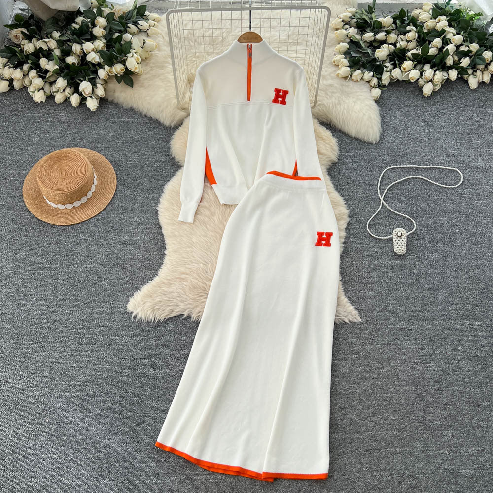 Minimalist color block striped knit power suit: stand collar long sleeve sweater + high waist slim fit long skirt - winter collection