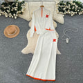 Minimalist color block striped knit power suit: stand collar long sleeve sweater + high waist slim fit long skirt - winter collection