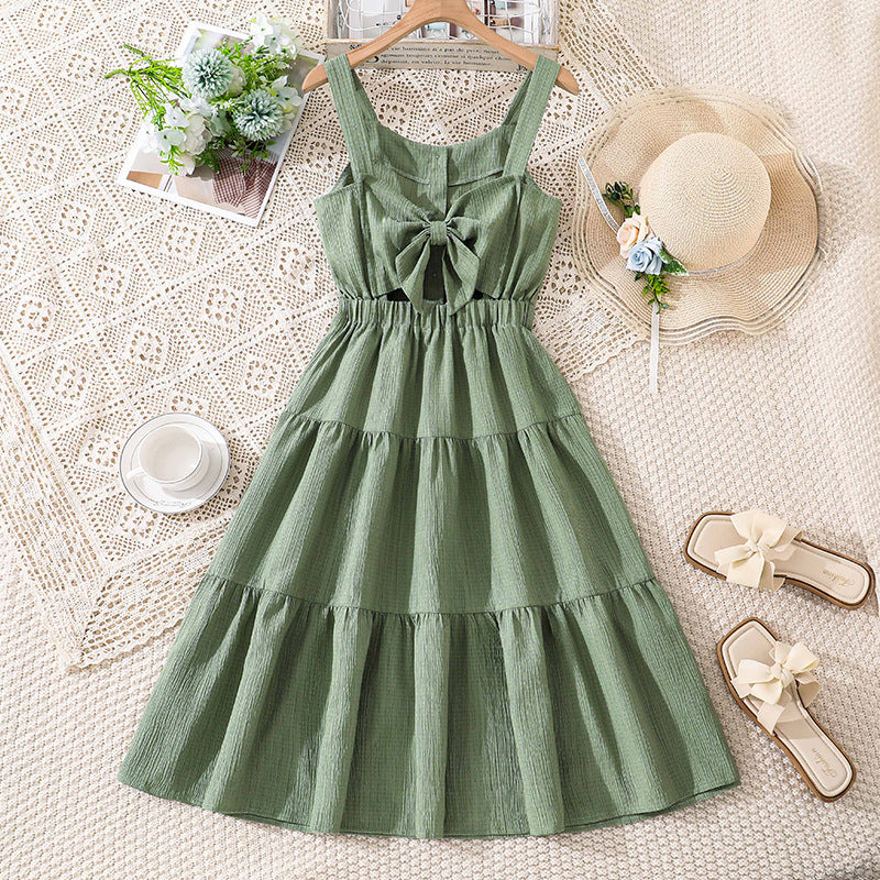children's spring/summer new arrivals: european and american style fashionable casual camisole dress with open back, bow detail, cinched waist, and flared skirt
