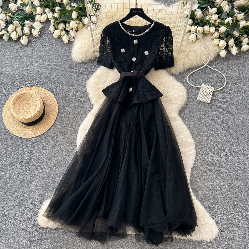 Xiaoxiangfeng socialite pink lace a-line dress women's summer waist slimming look mesh long skirt classy sense of commuting