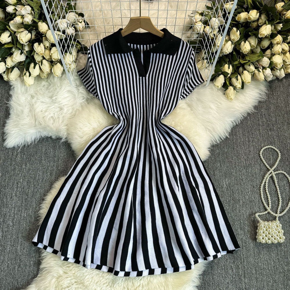 Exportfrenchcontrast colorretro lapel short sleeve stripesknittingdress women's waist elegantslimming looka-line skirt