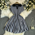Exportfrenchcontrast colorretro lapel short sleeve stripesknittingdress women's waist elegantslimming looka-line skirt