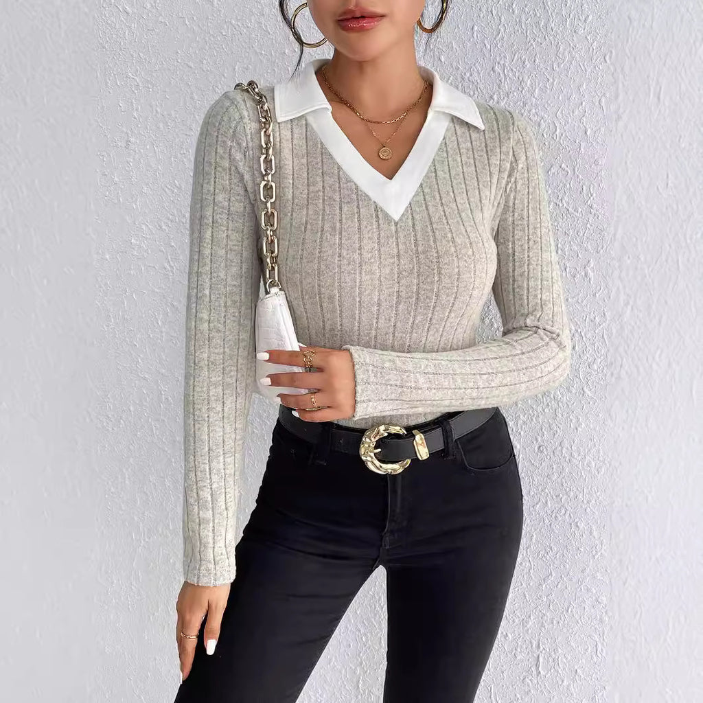 Europe and the United States , new autumn women's clothing pullover long-sleeved knitted top v-neck simple knitted bottoming shirt