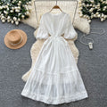 French chic lace-trimmed lantern sleeve dress - slimming, elegant, and flowy maxi dress with tie waist