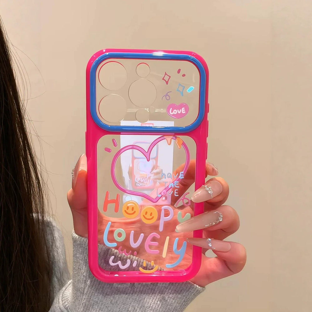 Milky white blue frame transparent large window rainbow heart smiley face english mobile phone case suitable for apple 17 anti-fall protective cover