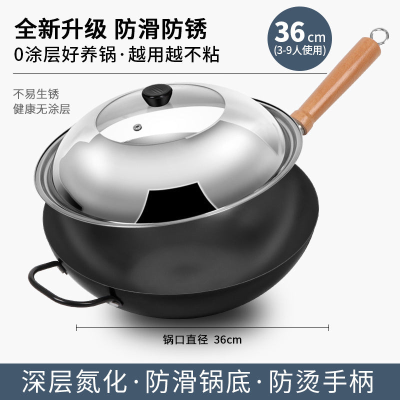 Authentic zhangqiu hand-hammered iron wok - non-stick, no coating, suitable for home cooking, flat bottom, compatible with gas and induction cooktops