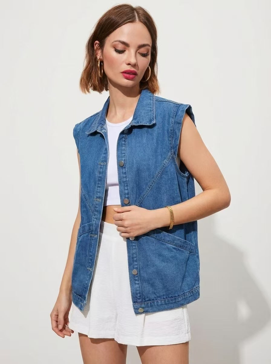 cross-border  fashion shorteasiest for matchcasualflap pocket pants sleeveless denim vest vest women's outwear