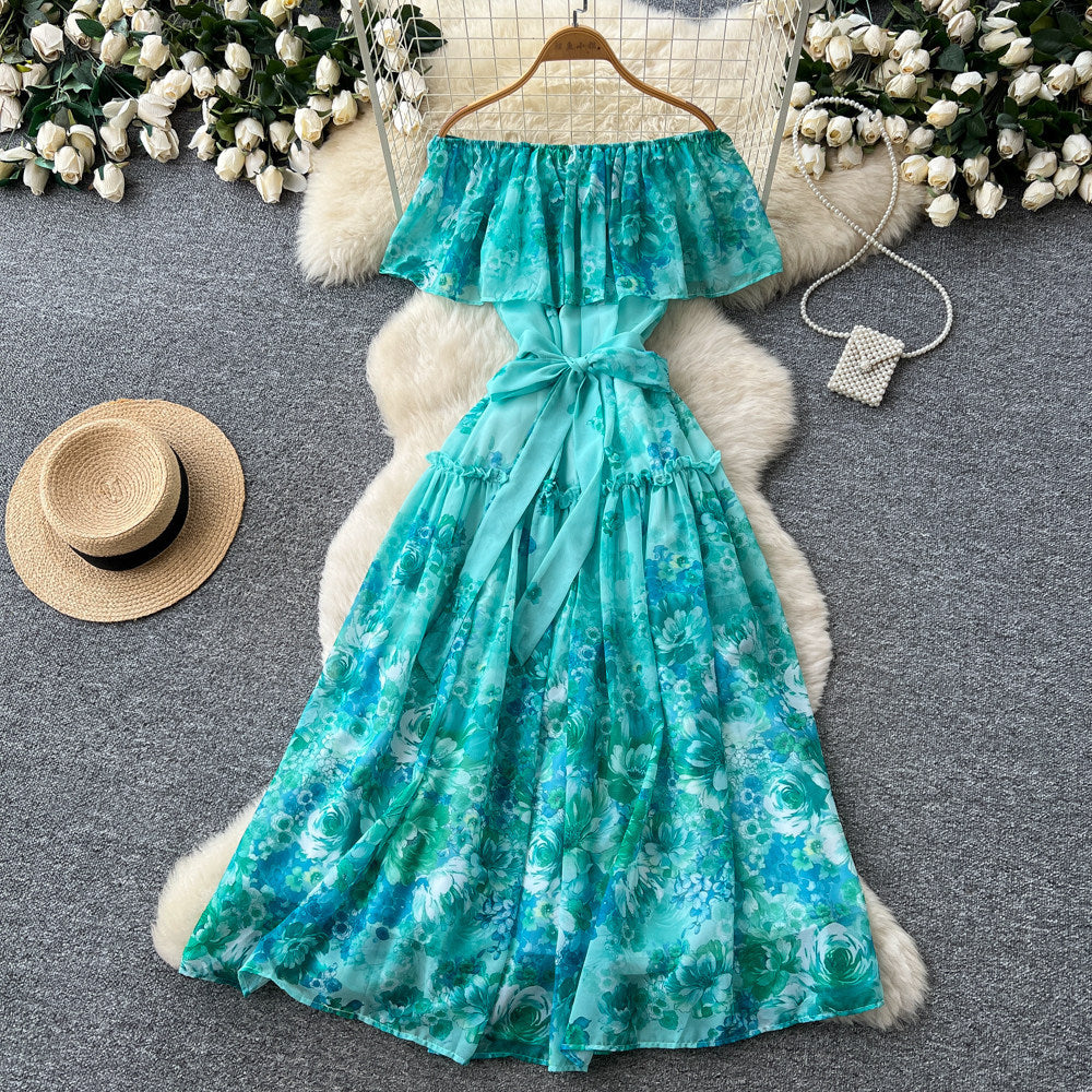 Frenchromantic style one shoulder rufflesprintingdress women's summerk-style floral waist slimming look a-line skirt