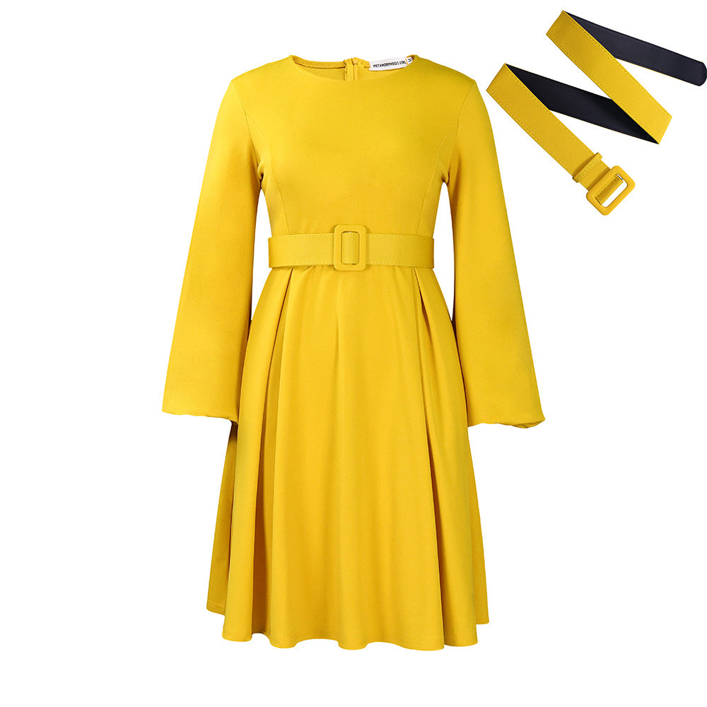 D418 women's foreign trade dress,  autumn/winter new collection, fashionable round neck, long sleeve, high waist, large skirt, solid color african dress