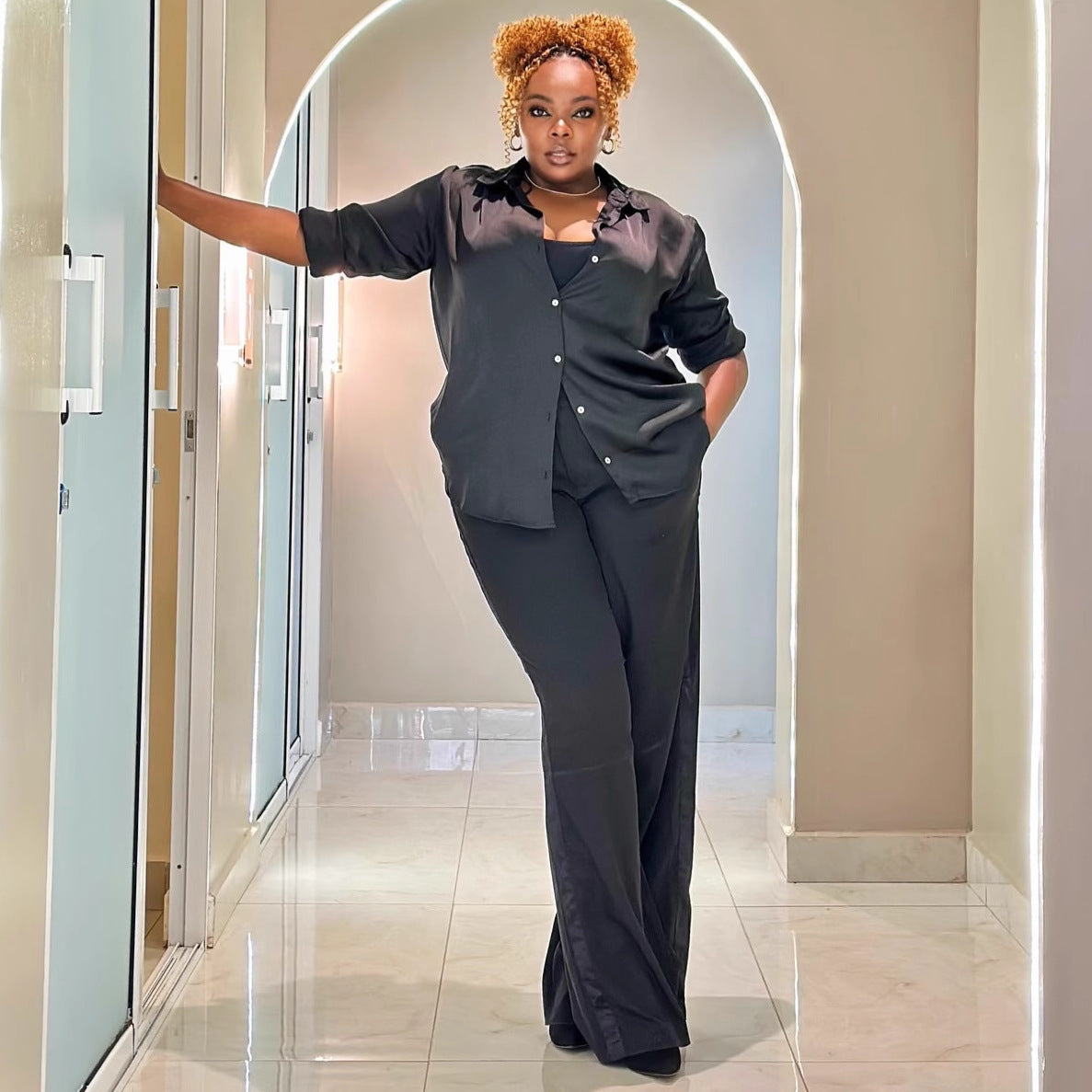 European and American large-size women's fashion suit solid color lapel cardigan shirt women's African temperament foreign style trousers two-piece set