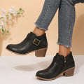 Plus size leather belted mid-heel ankle boots -  autumn new collection - pointed toe, side zipper, chunky heel, retro martin boots for women