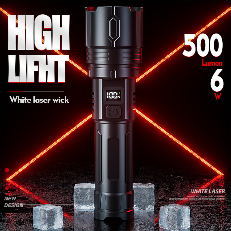 Cross-border strict selection of white laser flashlight outdoor emergency long battery life long-range long-range zoom intelligent electric display strong light flashlight