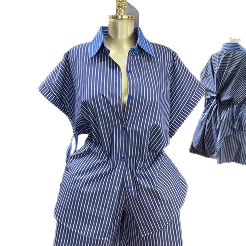 European and american cross-border women's fashion:  autumn new collection - stylish lapel blue striped cinched waist shirt and wide-leg shorts set