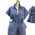 European and american cross-border women's fashion:  autumn new collection - stylish lapel blue striped cinched waist shirt and wide-leg shorts set