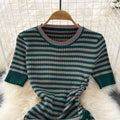 Lightly mature royal sister style round neck silm pleated stripesdresseleganceelegant goddess style classy sense hip-covering long skirt