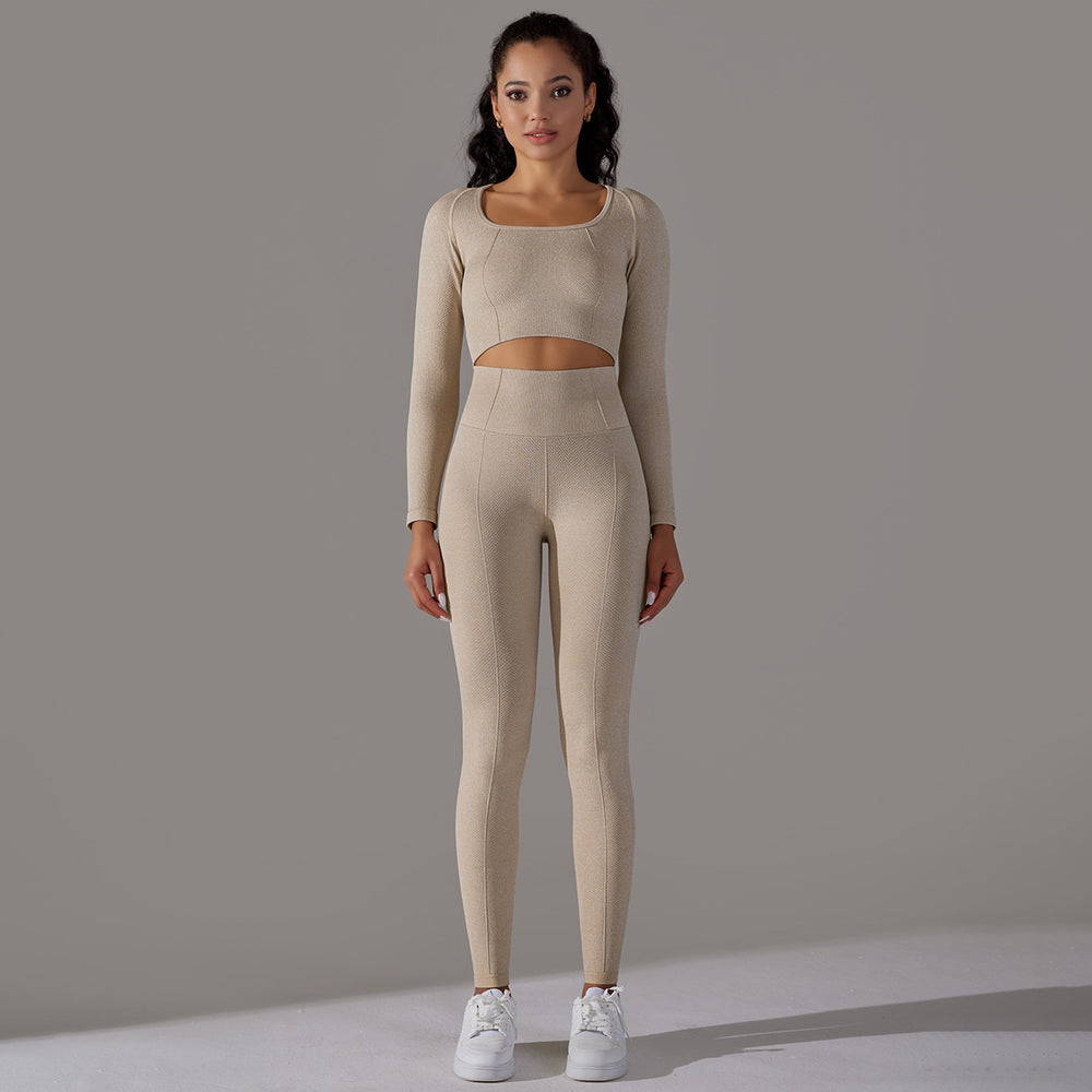 European and american cross-border seamless multi-organic jacquard yoga set - long sleeve top & high-waisted butt-lifting leggings - activewear