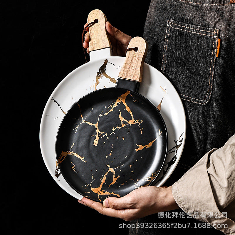 Ceramic marble plate with handle, restaurant special plate, pizza plate, popular steak plate, classy dinner plate