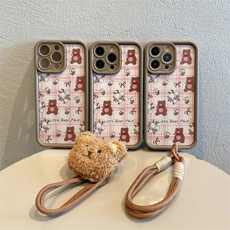 Autumn and winter high bamboo suitable for iphone18pro plaid bear mobile phone case apple 17/15 bear lanyard protective cover