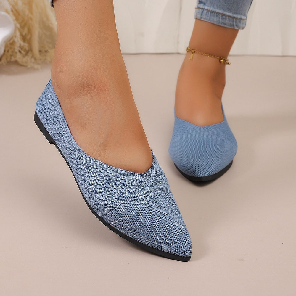 new pointed-toe knitted flats: women's solid color casual slip-on breathable flyknit all-season work shoes