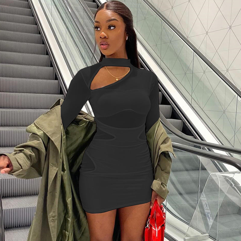 European and american style ins foreign trade women's solid color dress sexy hollow-out dress mesh patchwork bodycon dress