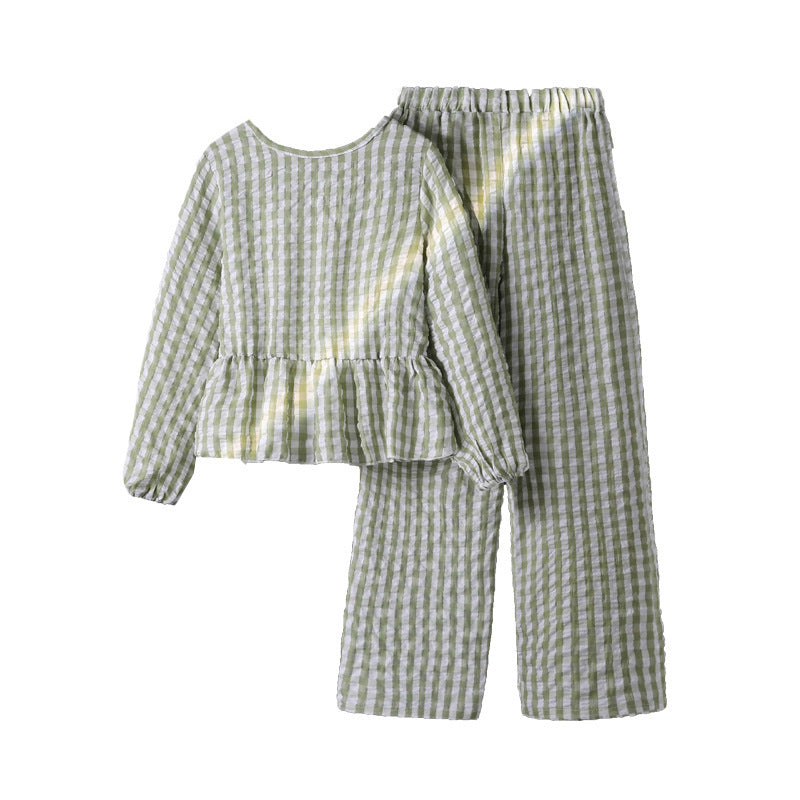 big kids' girls'  autumn new plaid loose-fit ruffle-trim long-sleeve top and wide-leg pants two-piece set