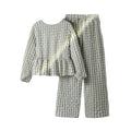 big kids' girls'  autumn new plaid loose-fit ruffle-trim long-sleeve top and wide-leg pants two-piece set
