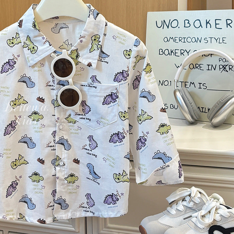 Kids' long-sleeve shirt new spring/autumn boys' shirt pure cotton turn-down collar top casual cardigan baby outerwear children's clothing
