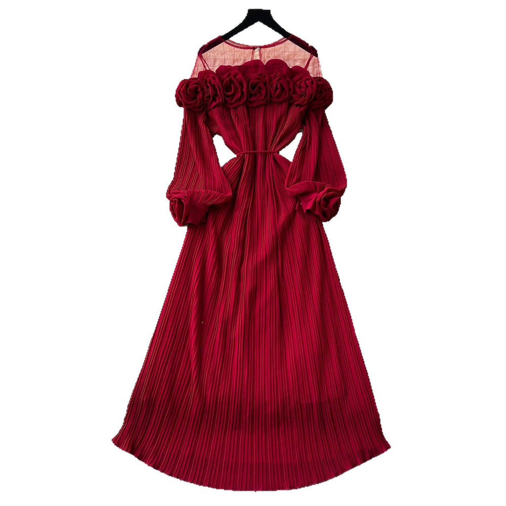 new european and american fashion heavy-duty 3d floral see-through mesh panel long sleeve cinched waist pleated dress for women