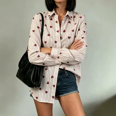 casual heart stripe shirt - vertical stripe red heart print, turn-down collar, puff sleeves, everyday versatile long sleeve